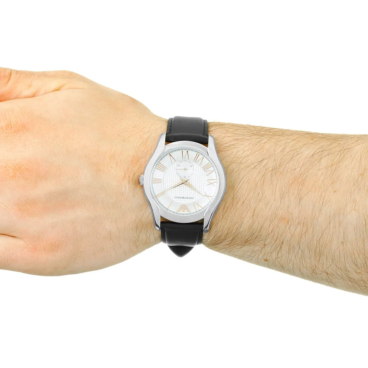 Emporio Armani AR1984 men's dress watch worn on wrist showing silver case and dial