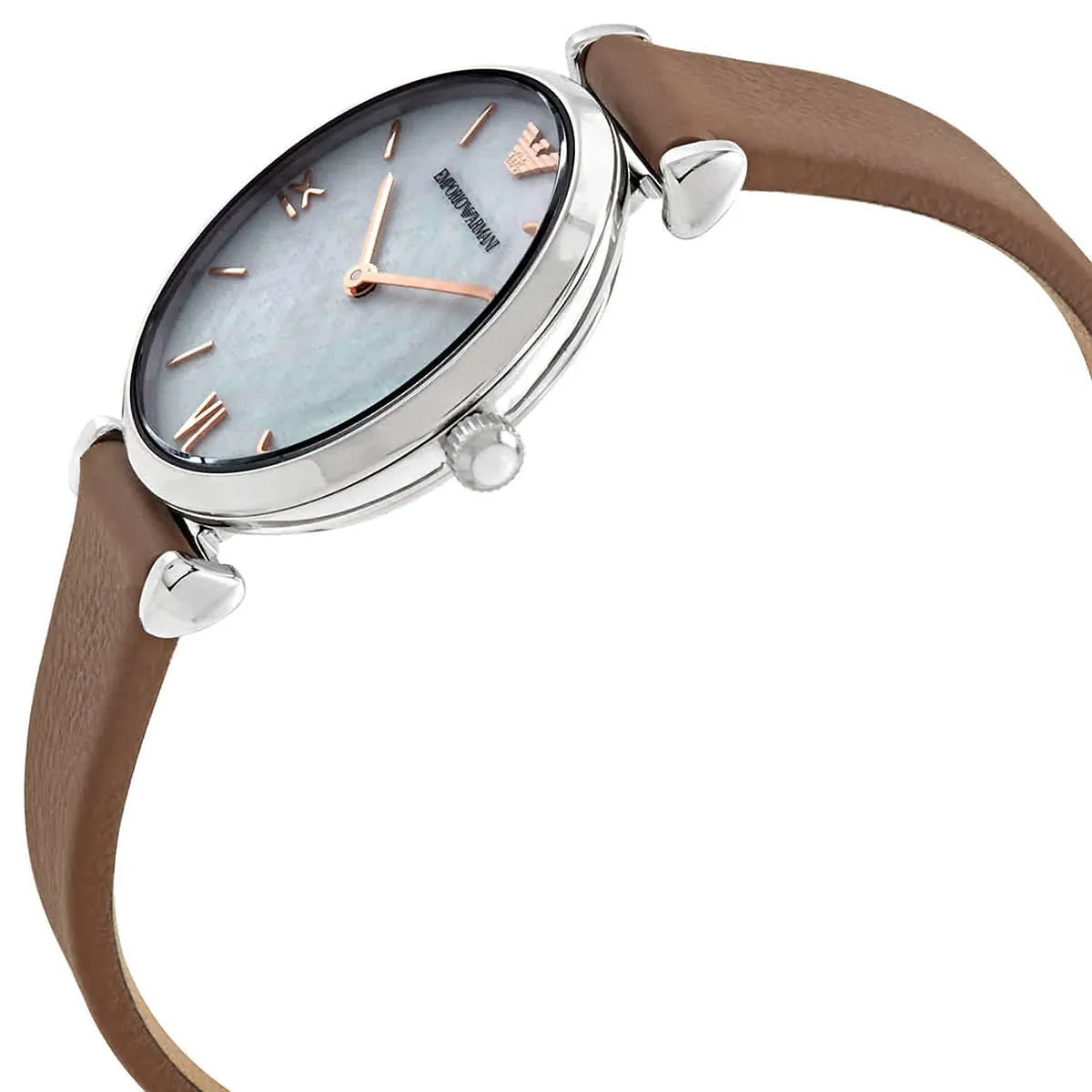 Emporio Armani AR1988 watch angled view displaying white dial and brown leather strap detail