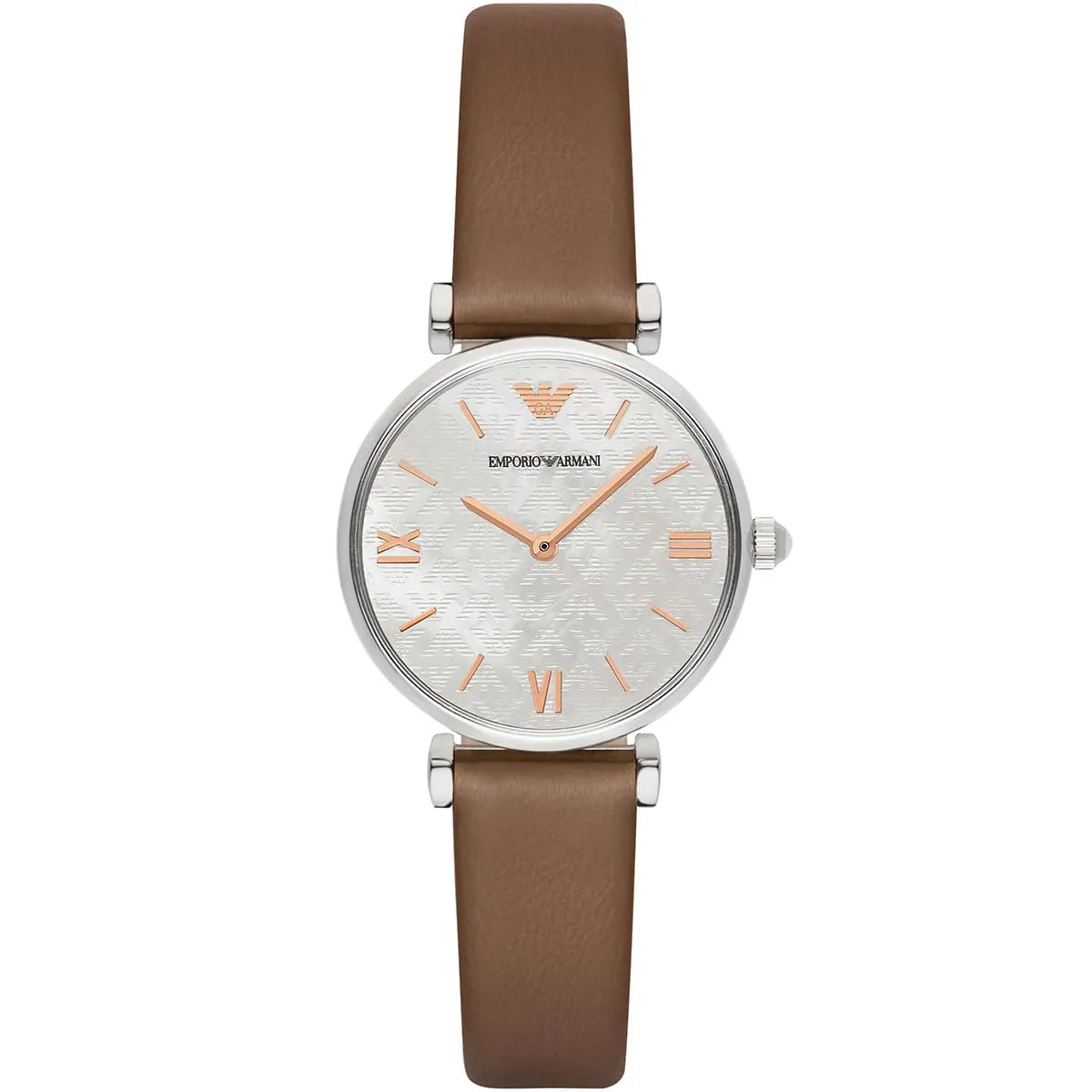 Emporio Armani AR1988 watch front view showing white dial with Roman numerals and rose gold indices