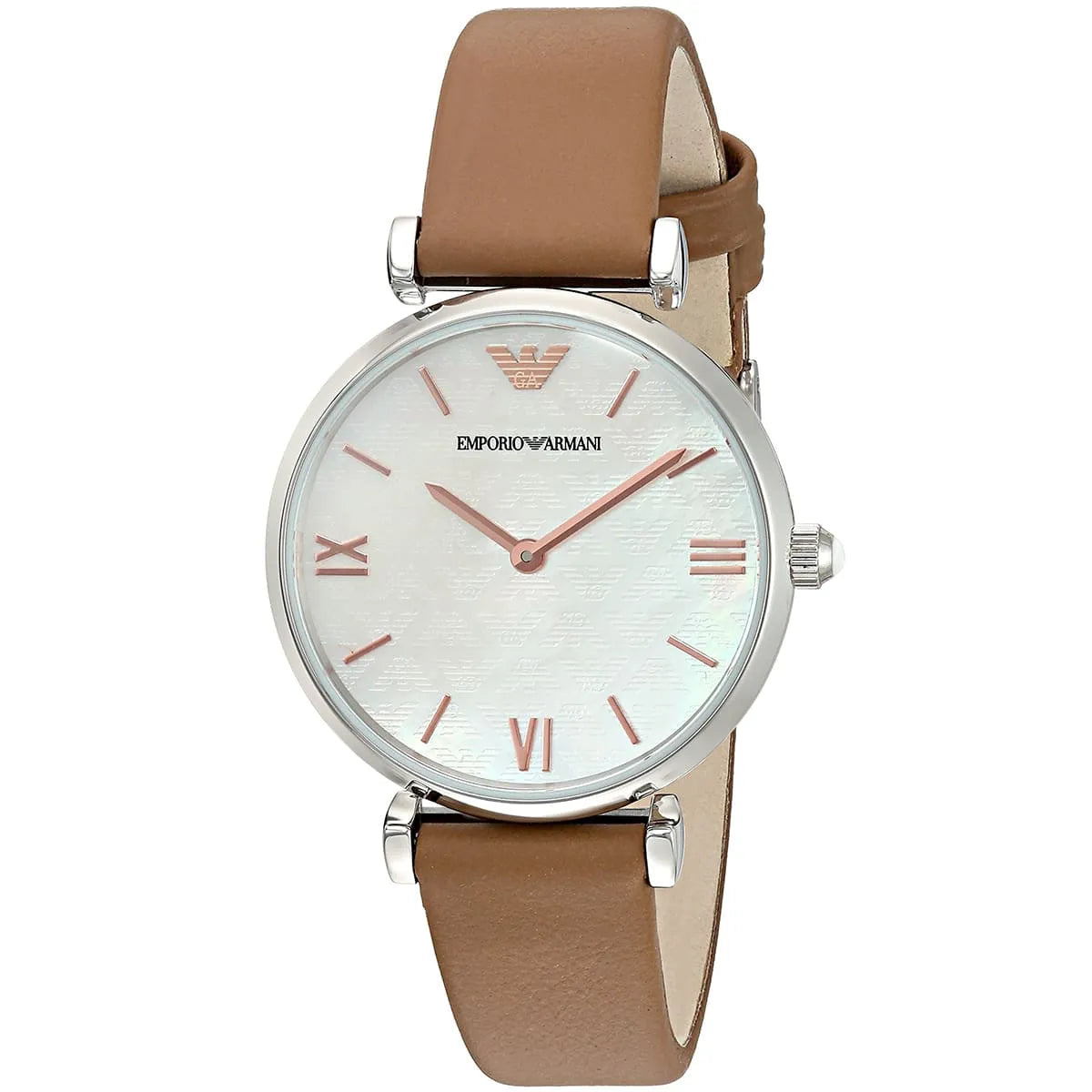 Emporio Armani AR1988 women's watch on wrist with brown leather strap and white dial
