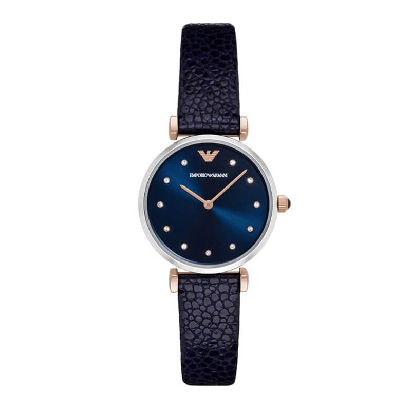 Emporio Armani Dark Blue Leather Silver Case Women's Watch Ar1989