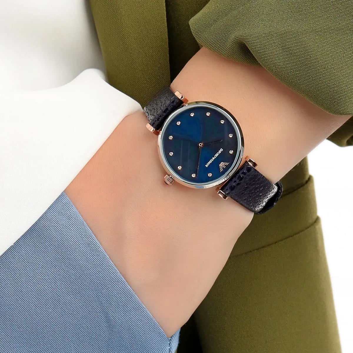 Emporio Armani Dark Blue Leather Silver Case Women's Watch Ar1989