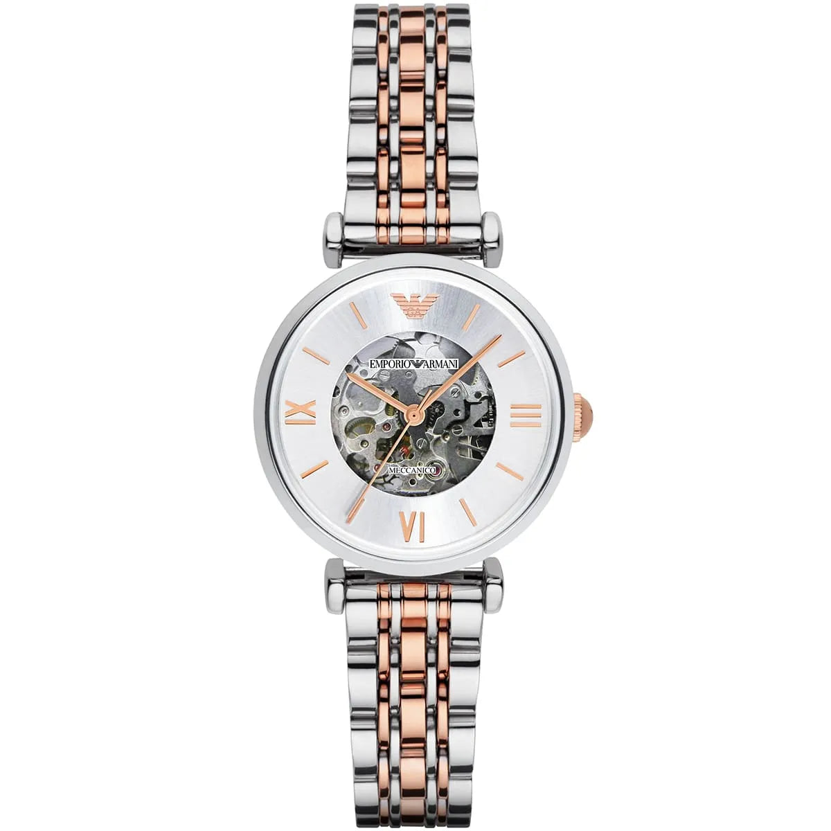 Emporio Armani Gianni T-Bar Silver Skeleton Dial Two Tone Strap Watch AR1992