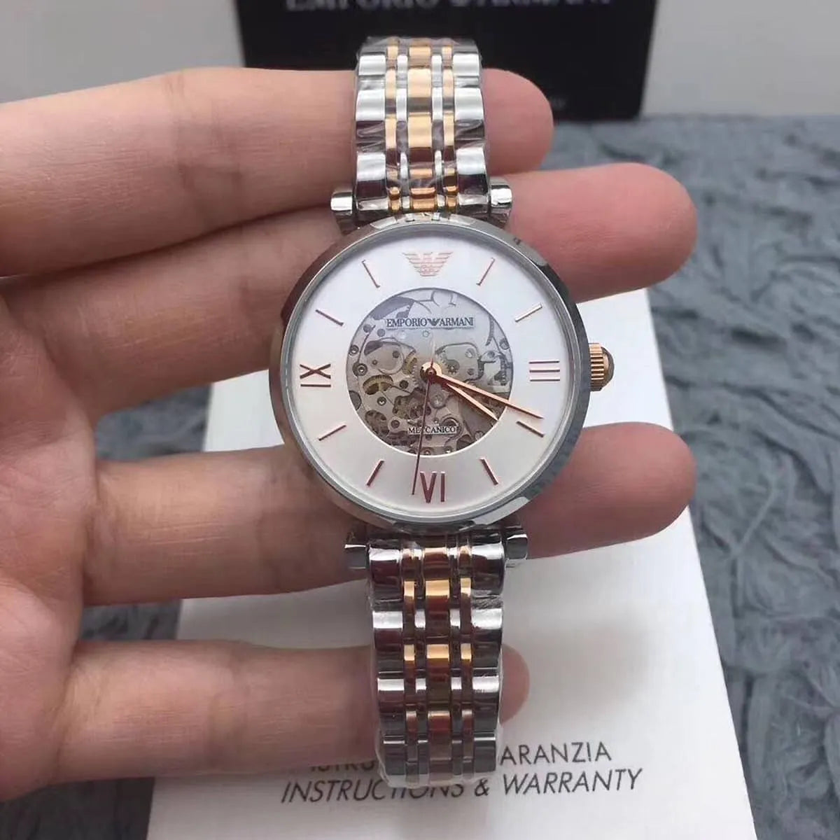 Emporio Armani Gianni T-Bar Silver Skeleton Dial Two Tone Strap Watch AR1992