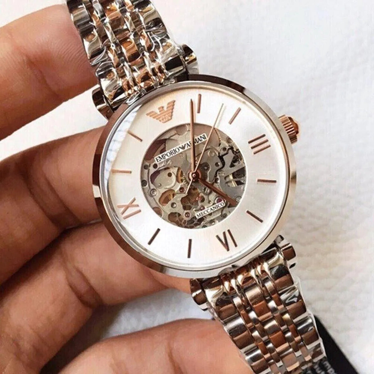 Emporio Armani Gianni T-Bar Silver Skeleton Dial Two Tone Strap Watch AR1992