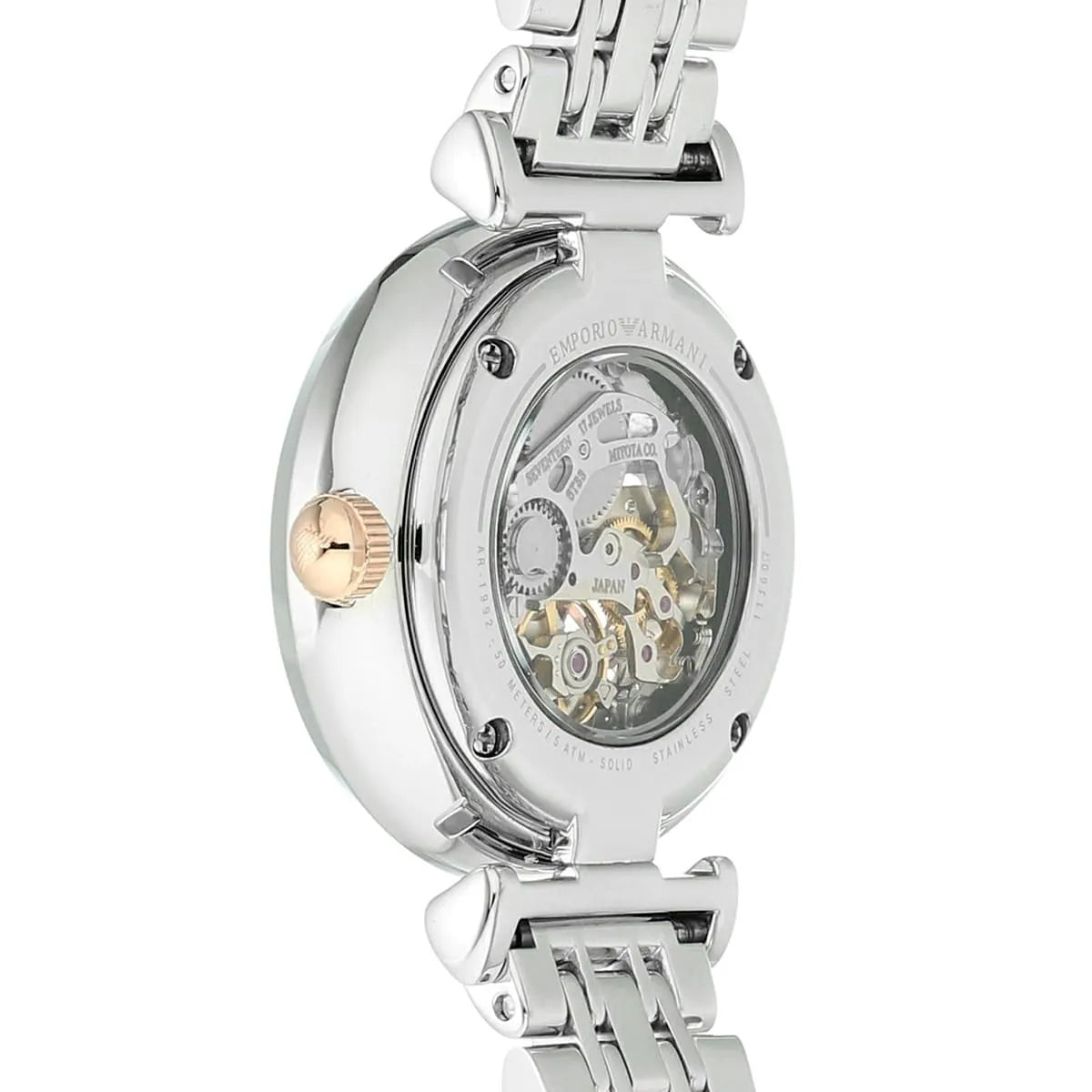 Emporio Armani Gianni T-Bar Silver Skeleton Dial Two Tone Strap Watch AR1992