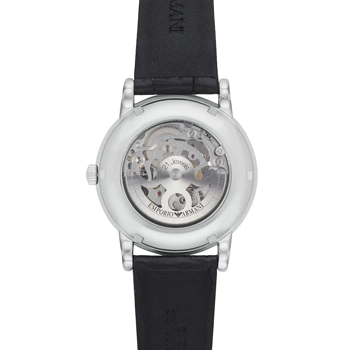 Emporio Armani Meccanico AR1997 caseback detail with visible mechanical movement and text