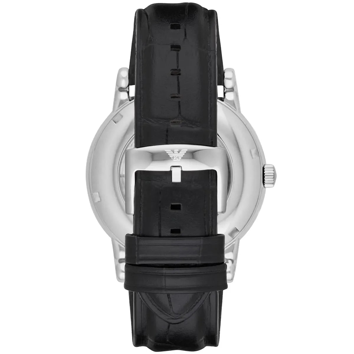 Emporio Armani Meccanico AR1997 caseback showing silver stainless steel and black leather strap