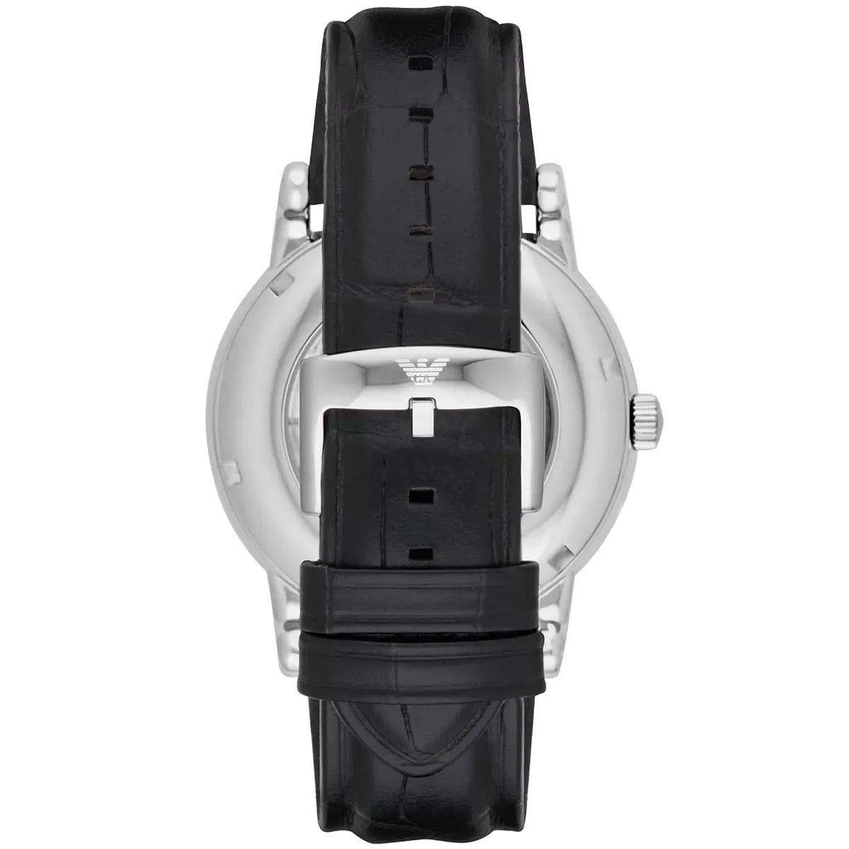 Emporio Armani Meccanico AR1997 caseback showing silver stainless steel and black leather strap