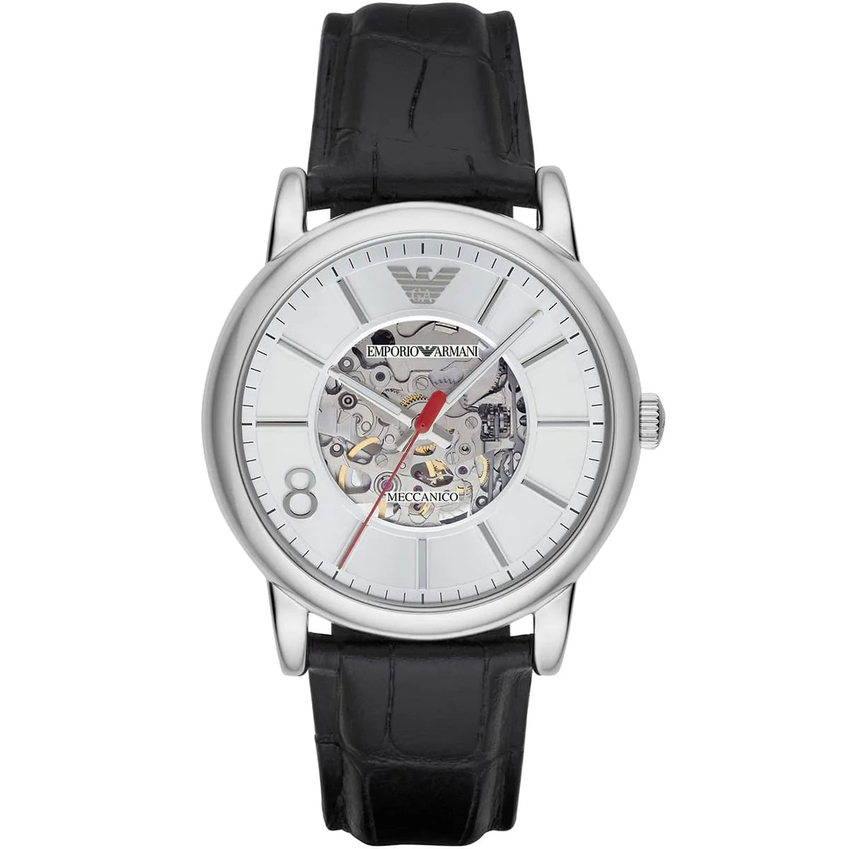 Emporio Armani Meccanico AR1997 watch with silver skeleton dial and black leather strap