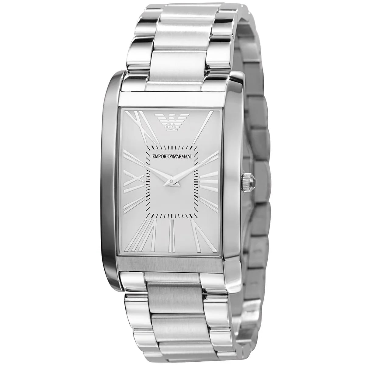 Side angle view of AR2036 Emporio Armani watch showing rectangular case and metal bracelet