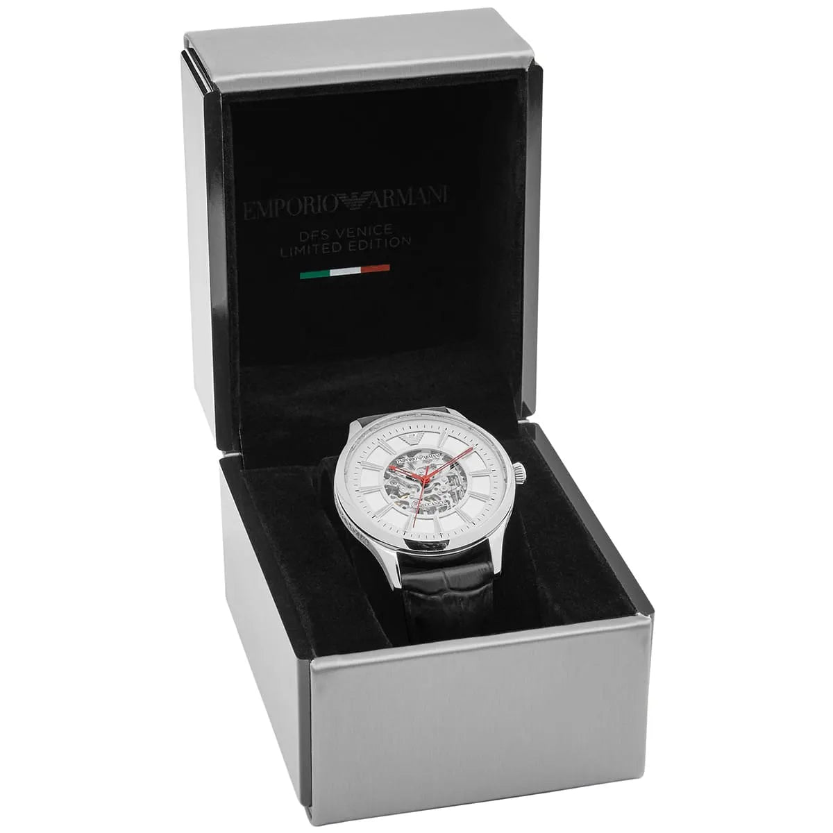 Emporio Armani Meccanico Silver Skeleton Dial Black Leather Strap Watch AR2072