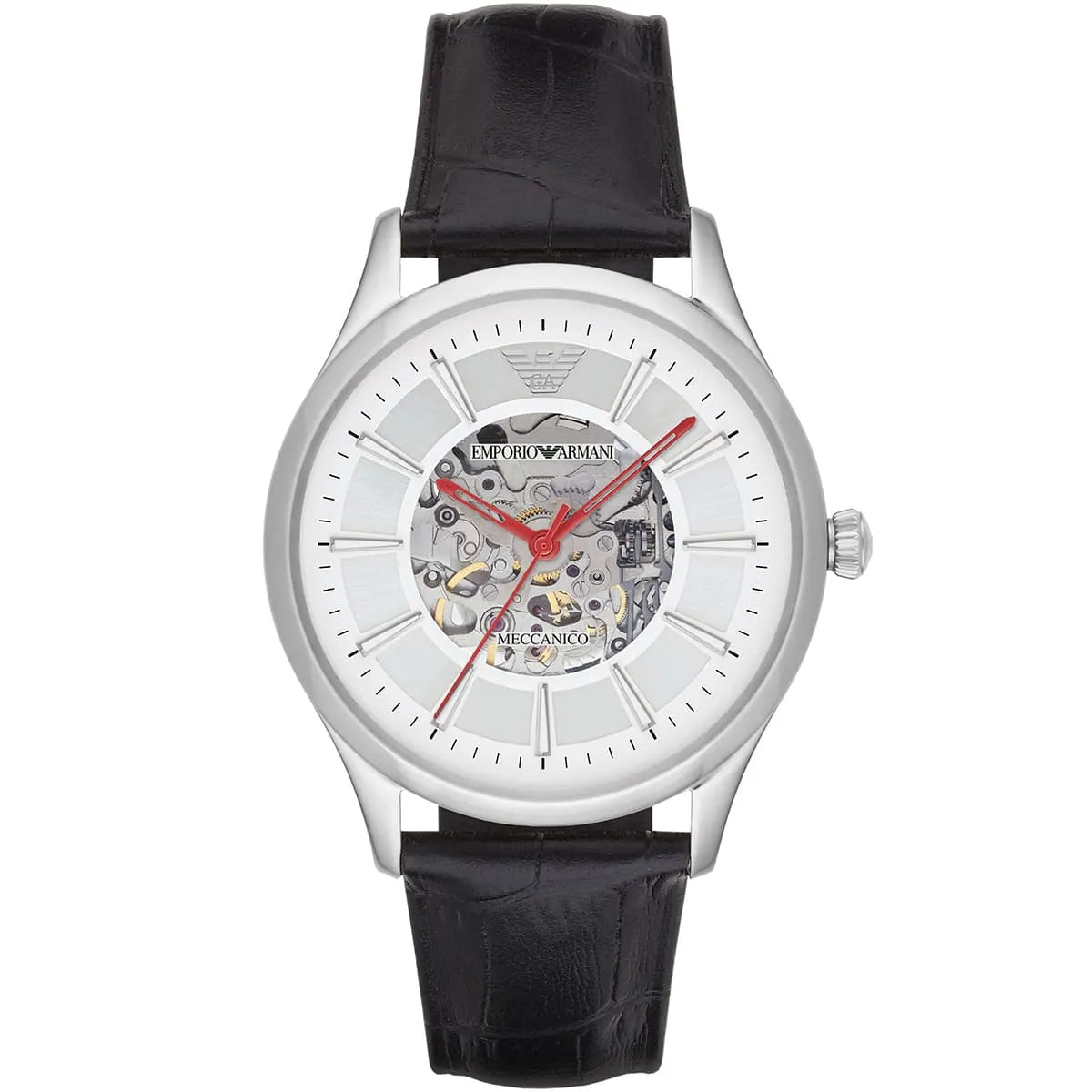 Emporio Armani Meccanico Silver Skeleton Dial Black Leather Strap Watch AR2072