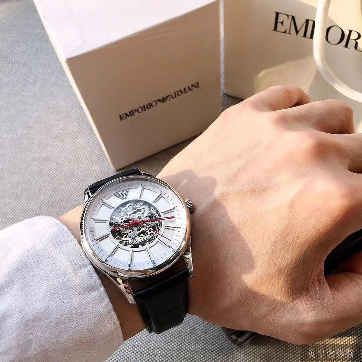 Emporio Armani Meccanico Silver Skeleton Dial Black Leather Strap Watch AR2072