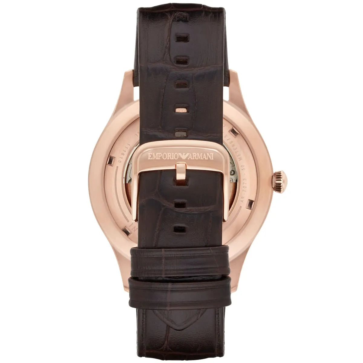 Rose gold case back of Emporio Armani Beta AR2073 with visible mechanism and Italian flag detail