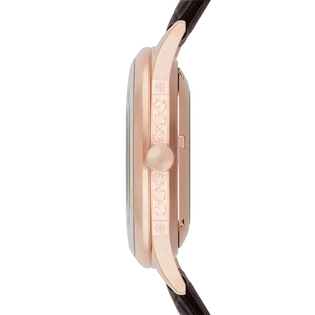 Side profile of Emporio Armani Beta AR2073 rose gold case with brown leather strap