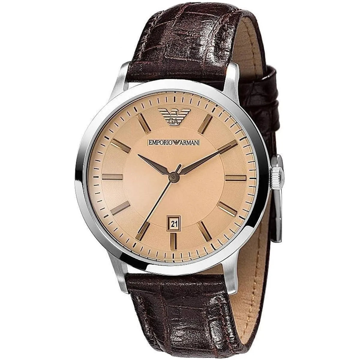 Emporio Armani AR2428 watch angled view showing beige dial and crocodile-textured brown leather strap