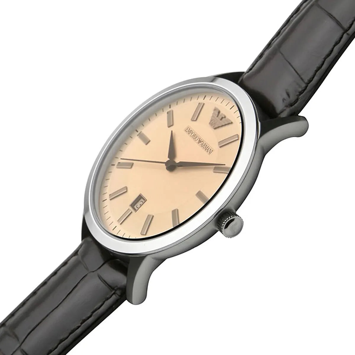 Emporio Armani AR2428 watch on wrist showing beige dial and brown leather band