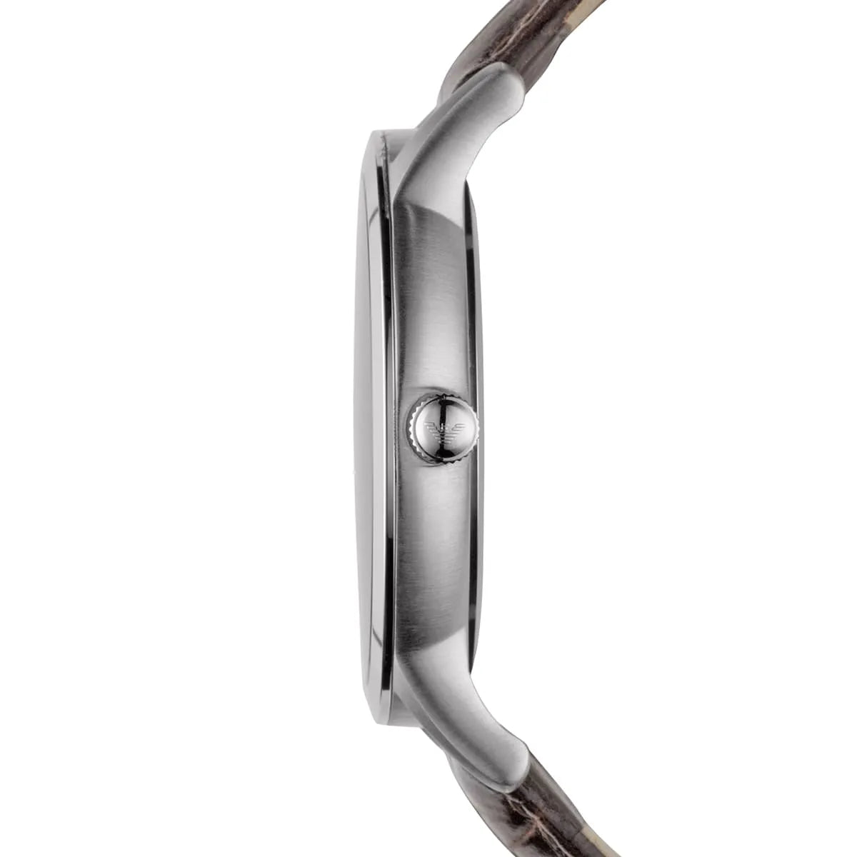 Emporio Armani AR2428 watch side profile showing thin case and brown leather strap