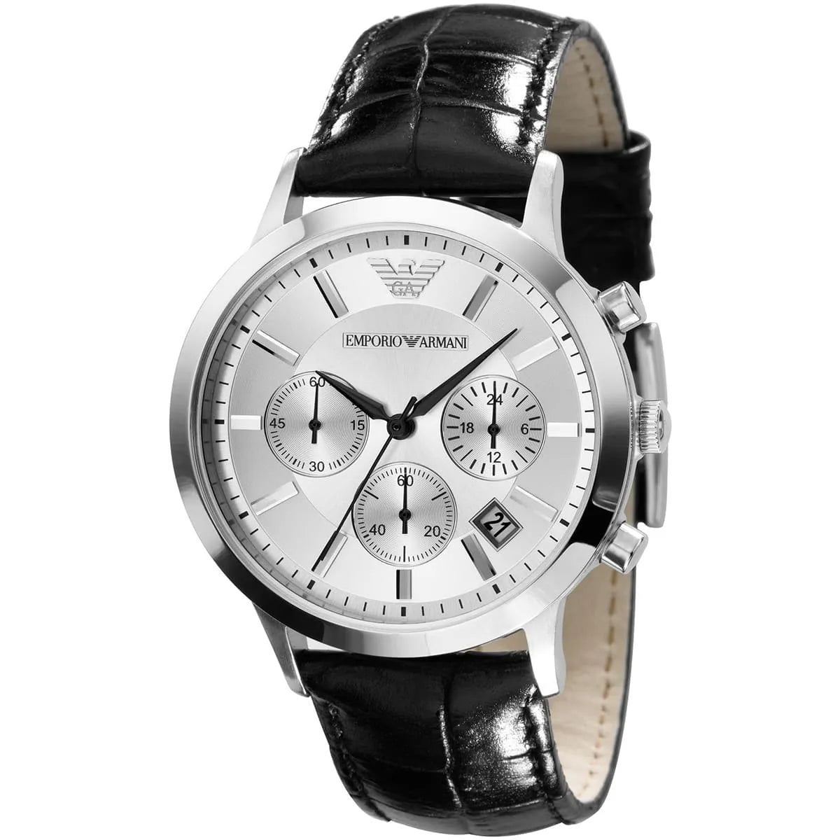 Emporio Armani Renato Uni men's chronograph with three subdials and black crocodile-pattern leather strap