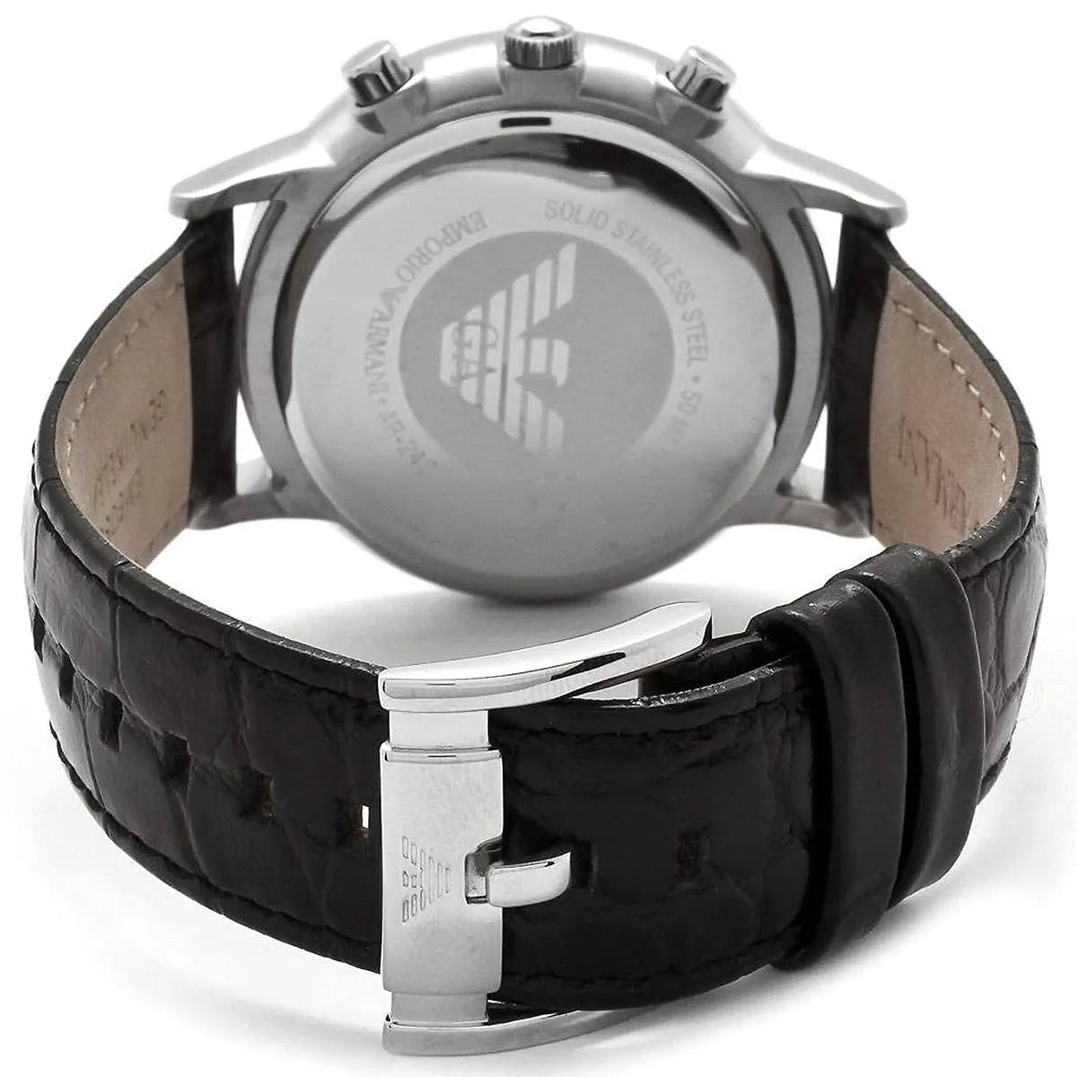 Emporio Armani eagle logo engraved on polished caseback with black leather strap visible