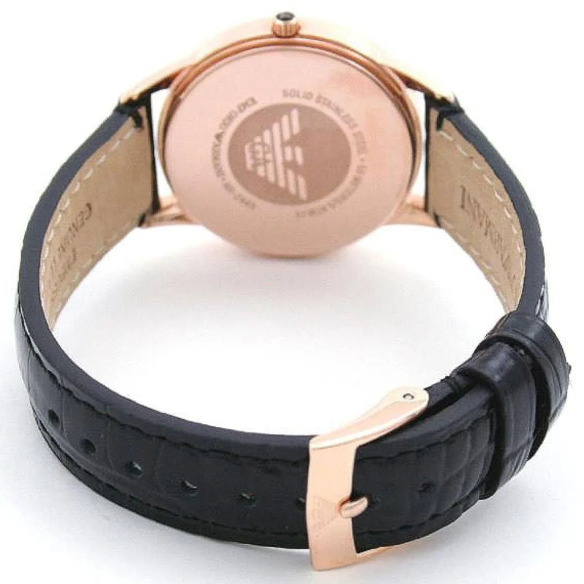 Emporio Armani AR2445 caseback showing rose gold case and black leather strap with buckle