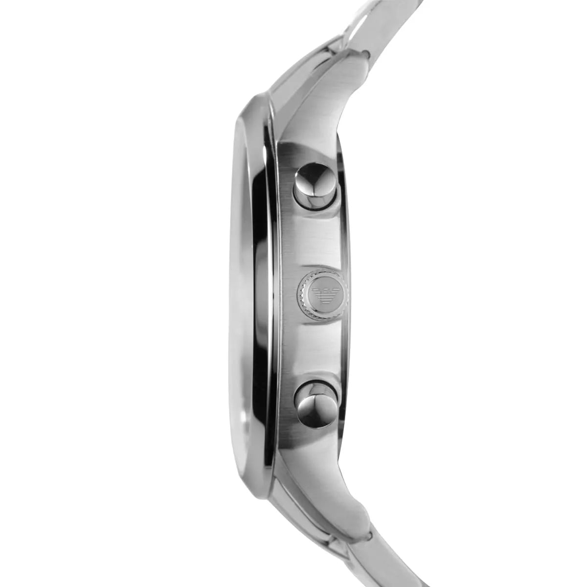 Emporio Armani Renato AR2459 side profile showing chronograph pushers and polished stainless steel case