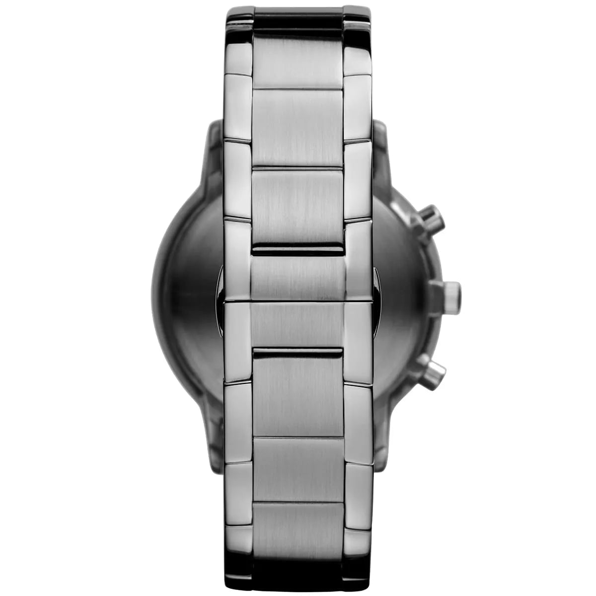 Emporio Armani Renato AR2459 side view displaying silver stainless steel bracelet and chronograph pushers