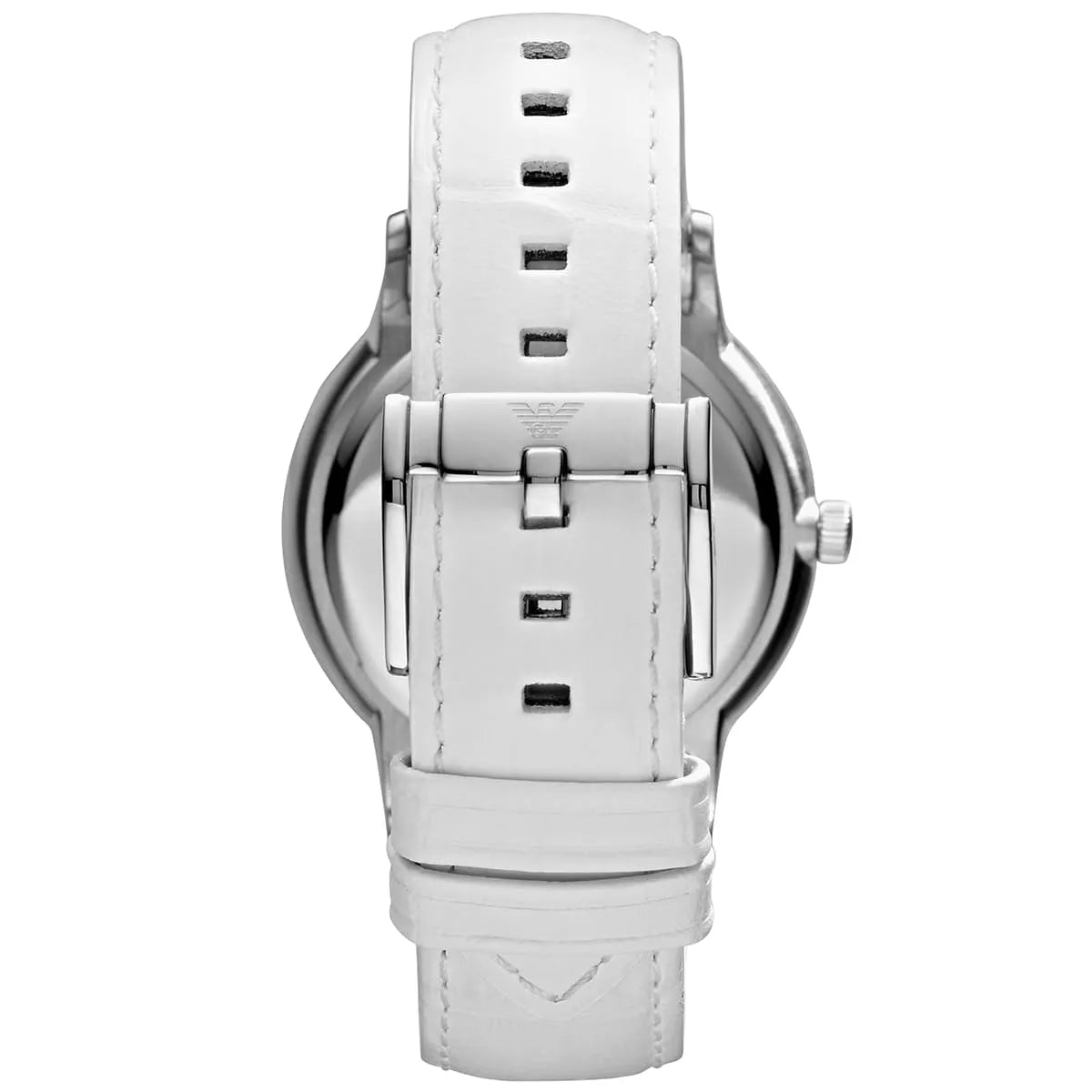Caseback of Emporio Armani Renato watch showing engraved logo and white leather strap