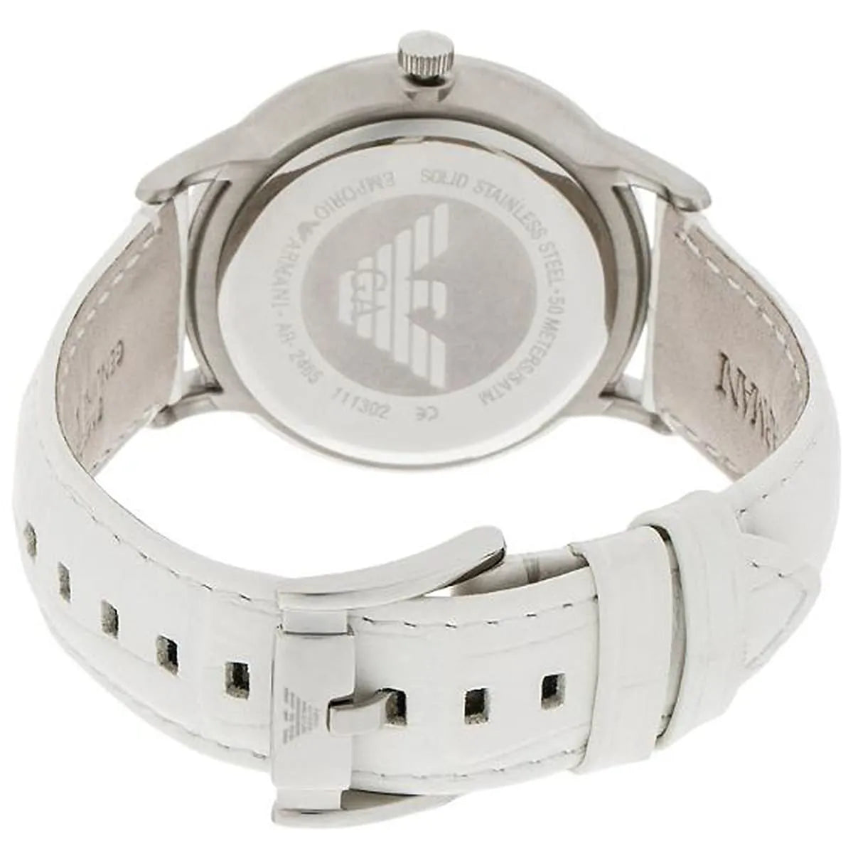 Close-up detail of Emporio Armani Renato watch crown and stainless steel case