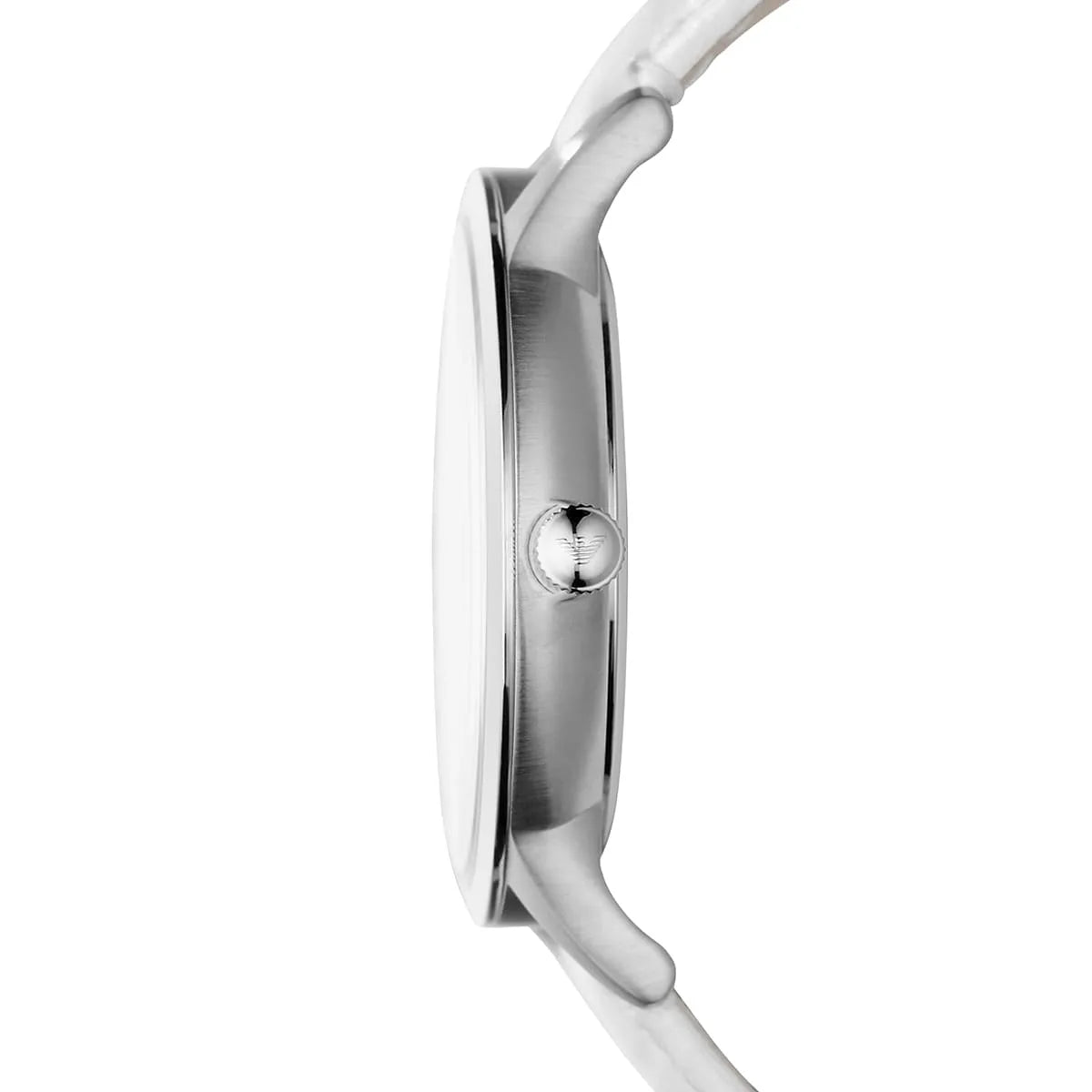 Side profile of Emporio Armani Renato watch displaying case depth and white strap
