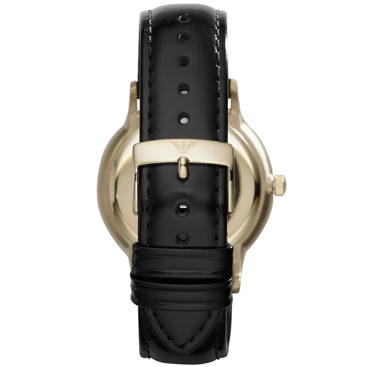 Emporio Armani AR2468 watch caseback showing black leather strap and buckle
