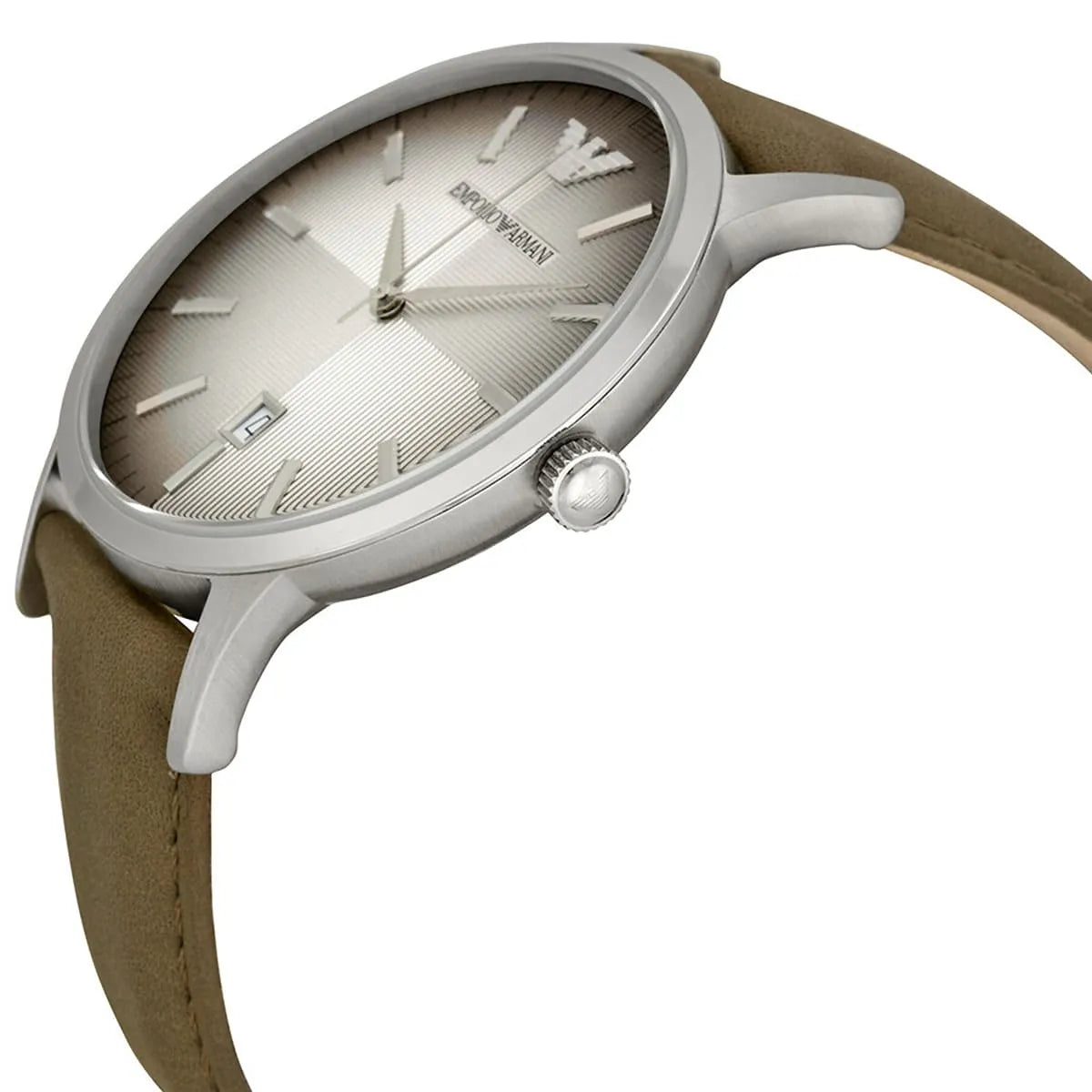 Emporio Armani Renato AR2470 side view with crown and brown leather strap detail