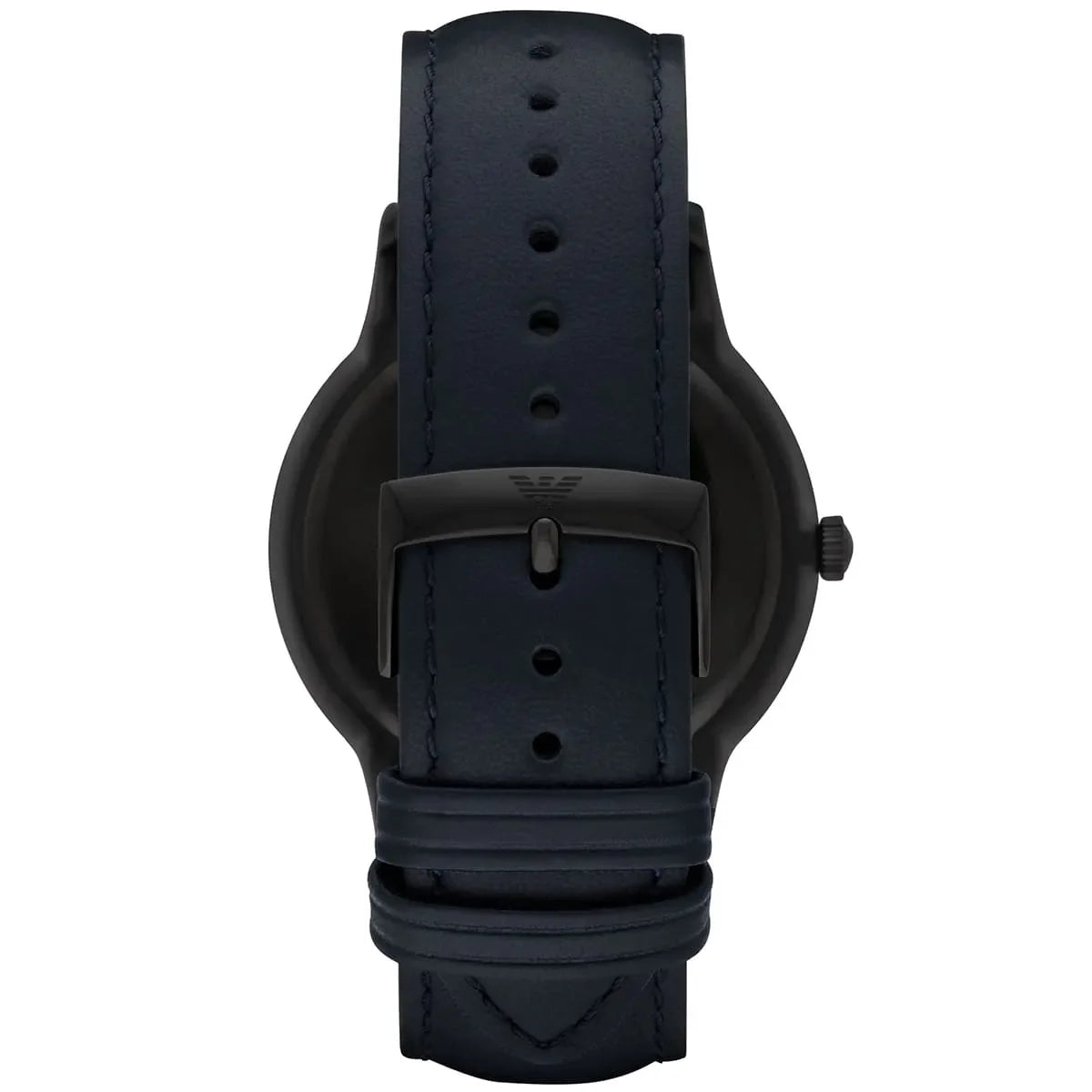 Emporio Armani Renato AR2479 watch caseback showing Armani eagle logo and blue leather strap
