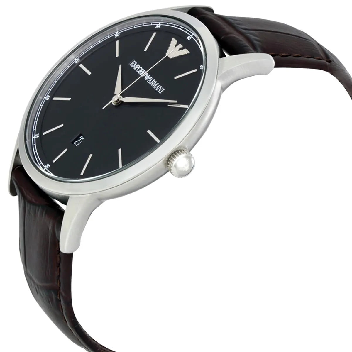 Emporio Armani AR2480 watch side profile showing silver case, black dial, and brown leather strap