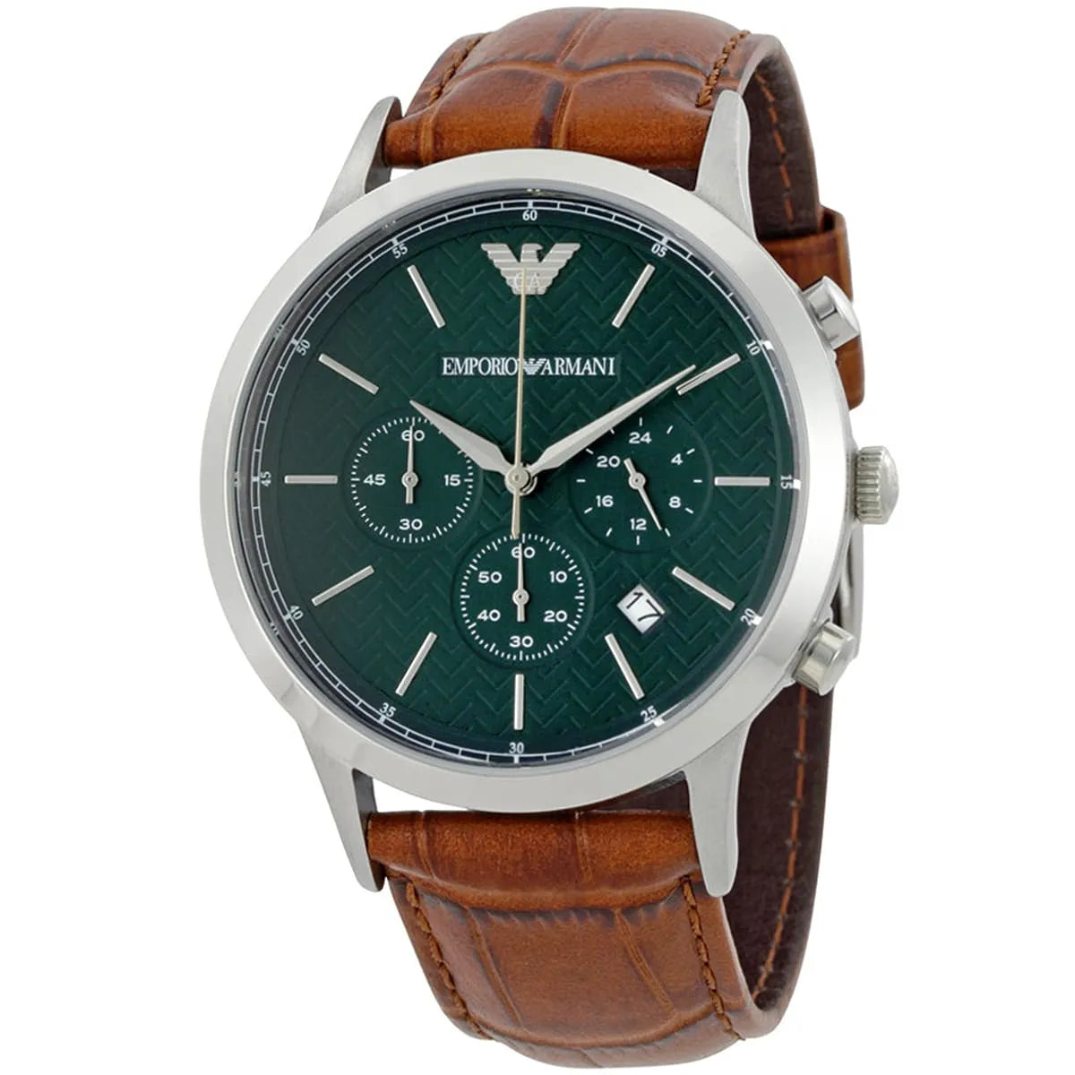 Emporio Armani Renato watch three-quarter view showing green textured dial and chronograph subdials