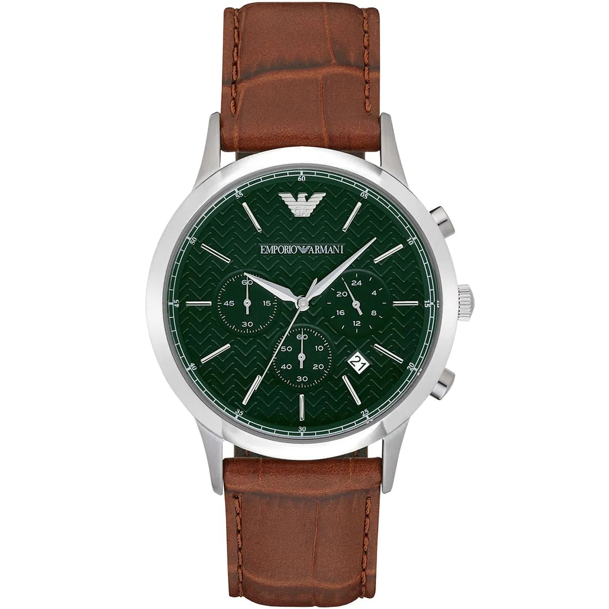 Emporio Armani Renato chronograph watch with green dial and brown leather strap