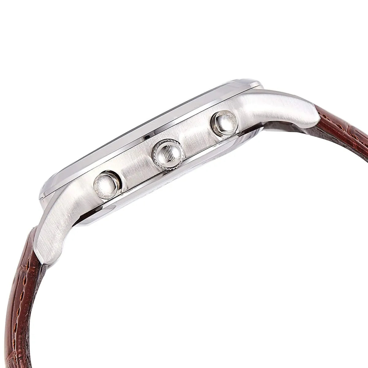 Emporio Armani Renato watch side view showing chronograph pushers on silver case