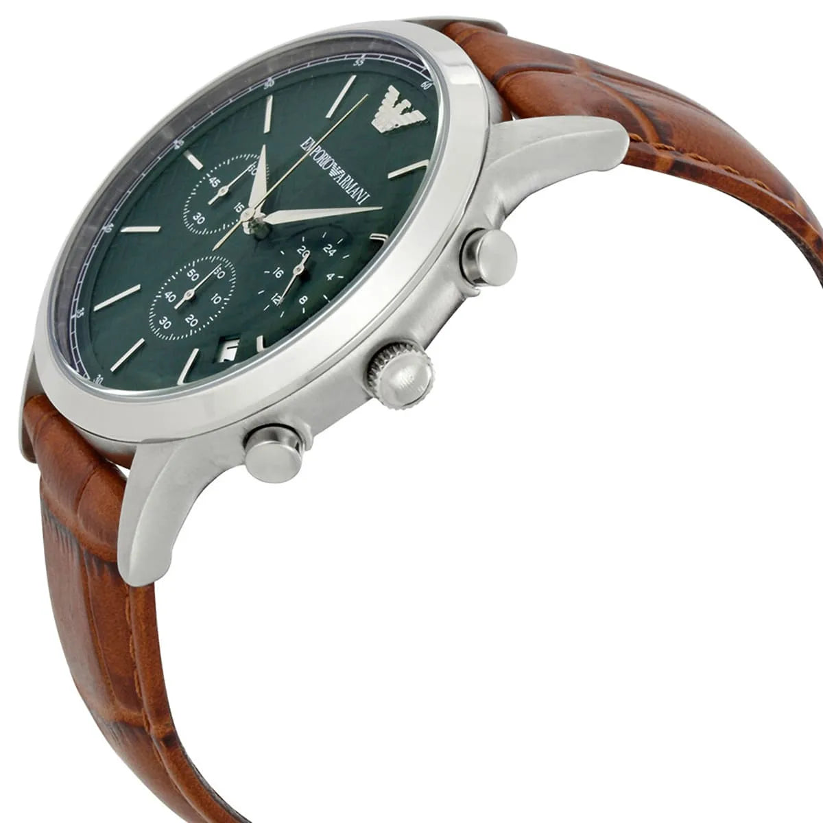 Emporio Armani Renato watch side profile with silver case and brown leather strap