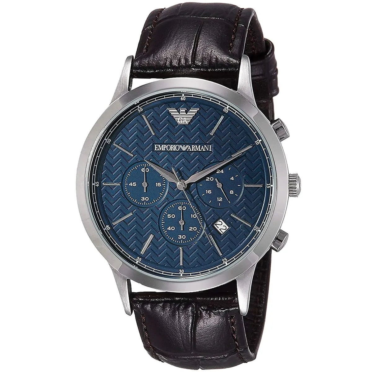 AR2494 Emporio Armani Renato chronograph with blue dial and brown leather band angled view