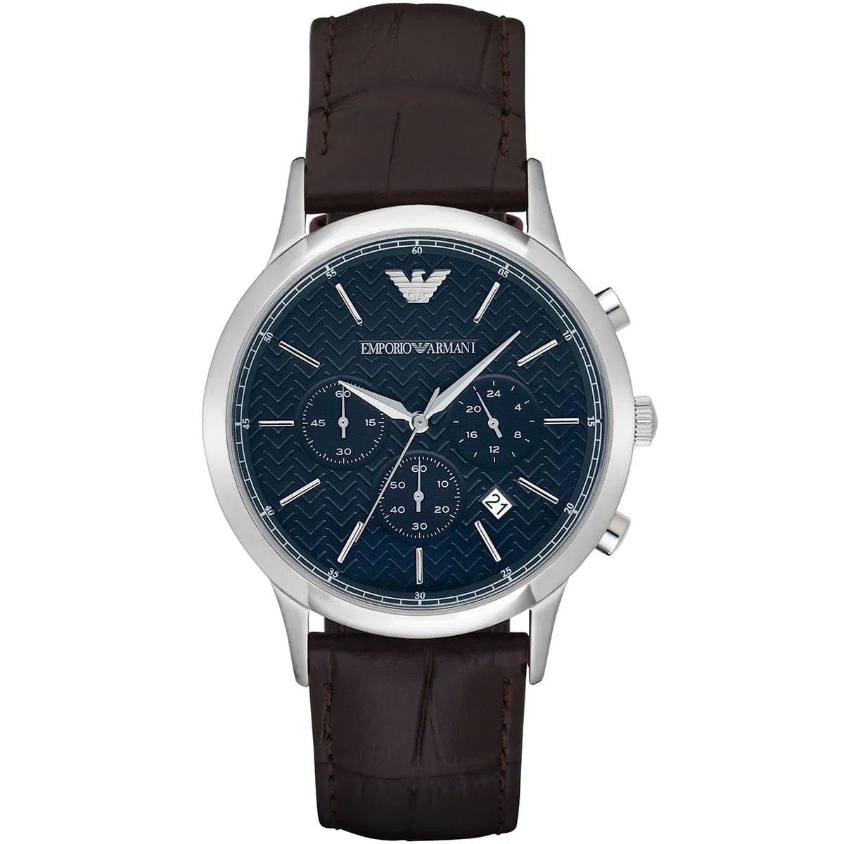 Emporio Armani Renato Large AR2494 men's chronograph watch with blue dial and brown leather strap