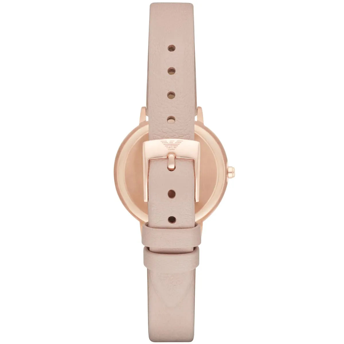 Back view of AR2512 showing rose gold case back and beige leather strap with adjustment holes