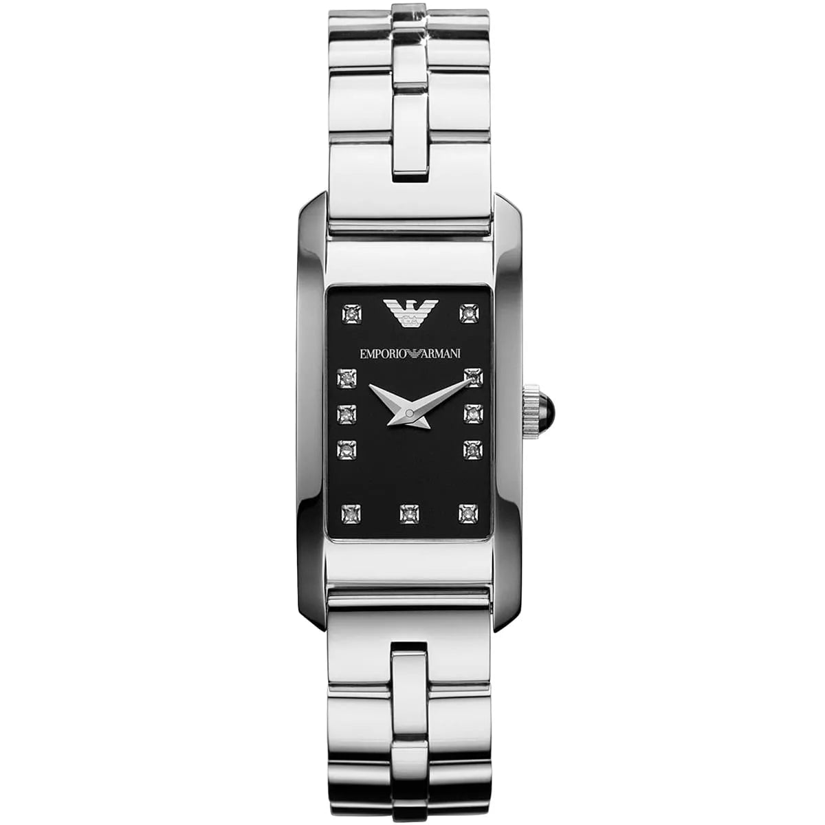 Emporio Armani AR3166 black dial rectangular watch with crystal markers and stainless steel strap