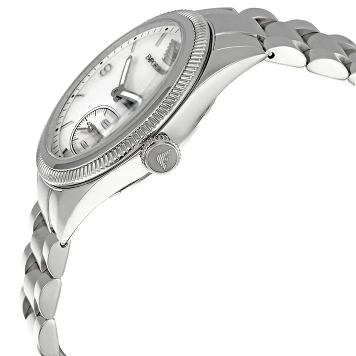 Side angle view of Emporio Armani AR5899 watch showing mother-of-pearl dial and metal bracelet
