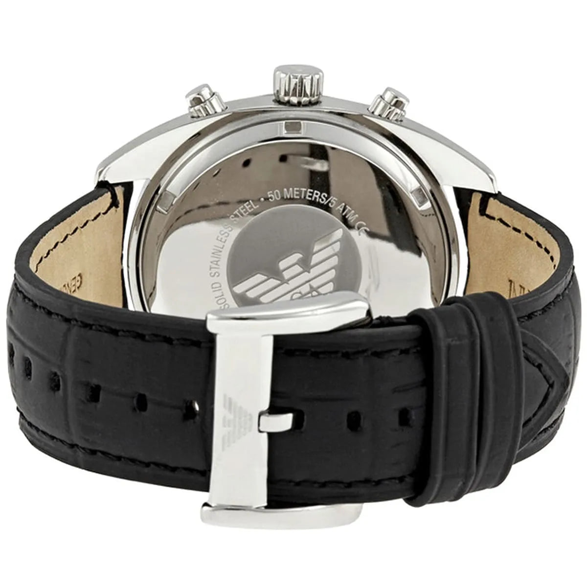 Emporio Armani Sportivo AR5914 close-up of black dial with chronograph subdials and hands