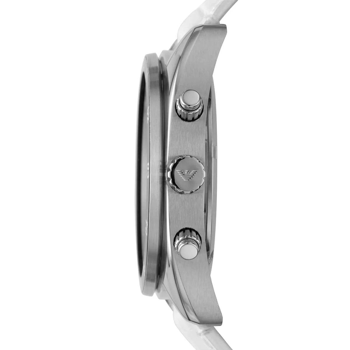 Emporio Armani Sportivo AR5915 angled profile with chronograph functions and white leather strap visible