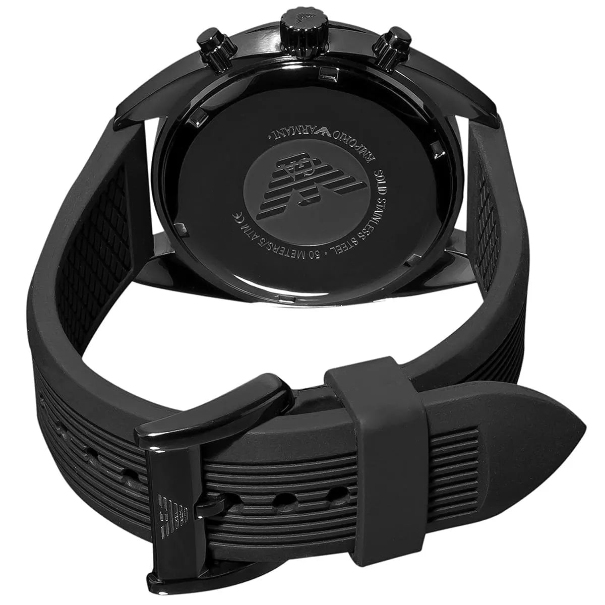 Emporio Armani AR5928 caseback showing eagle logo and water resistance specifications