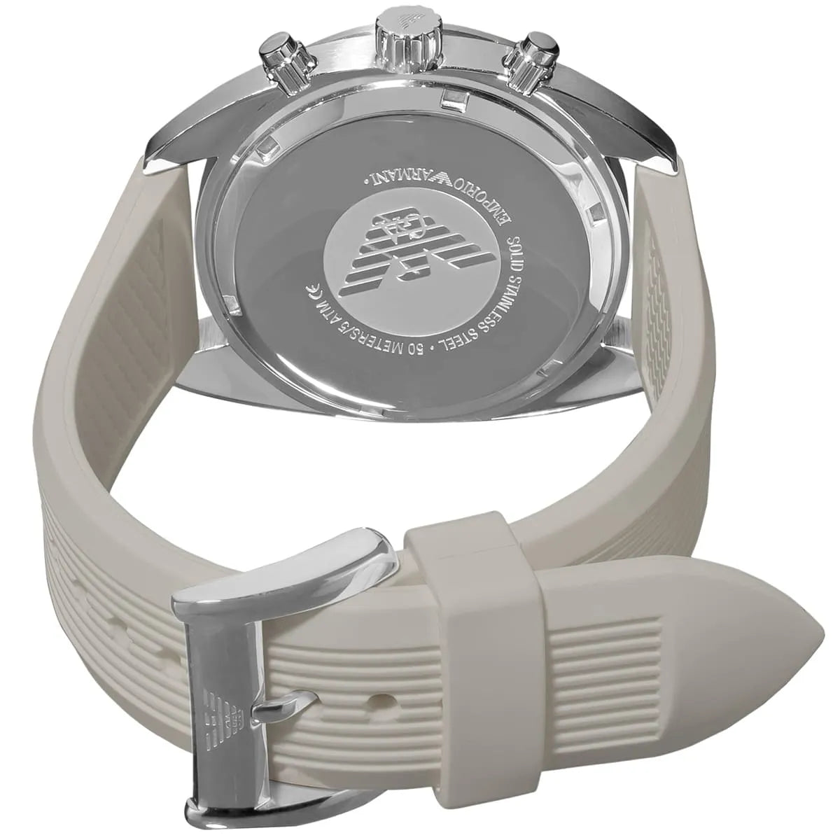Emporio Armani AR5929 caseback with stainless steel case and white rubber strap detail