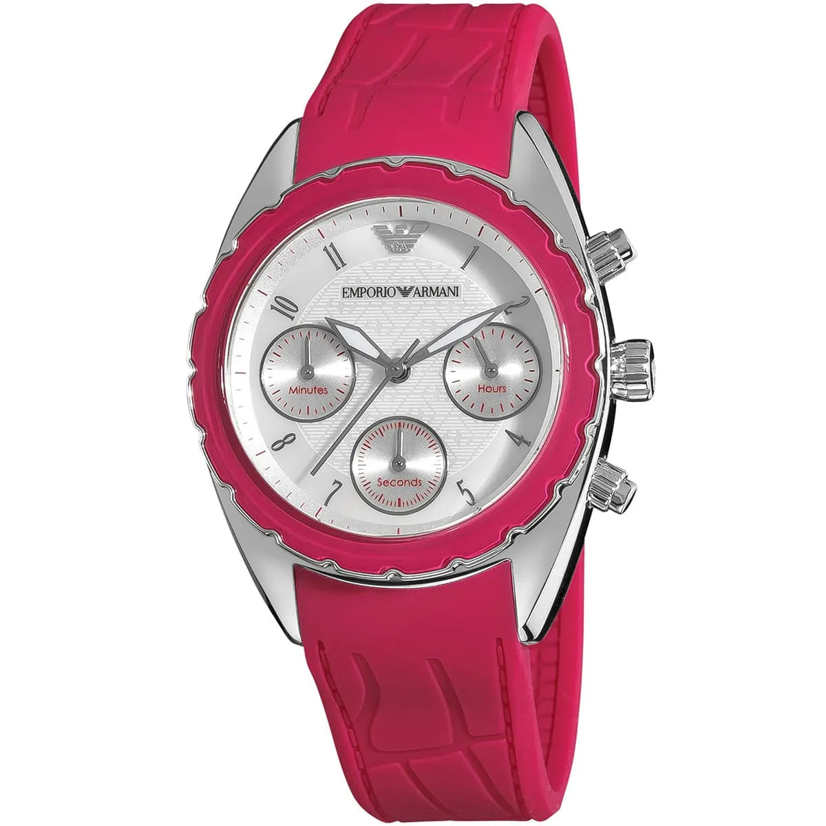 Emporio Armani Sport Chronograph angled view showing hot pink rubber strap and white chronograph dial
