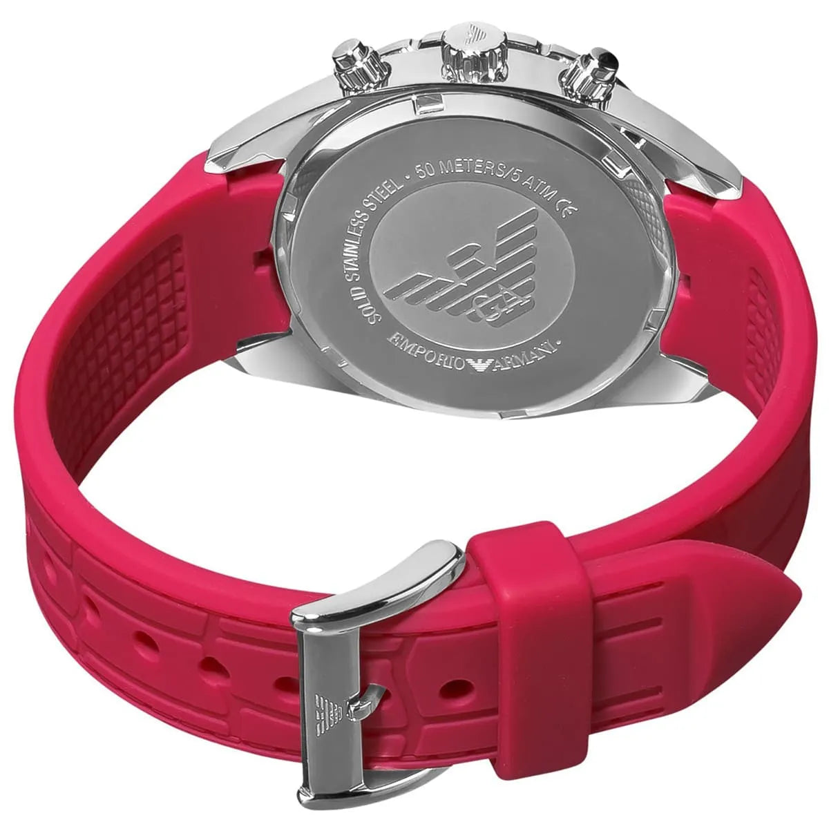 Emporio Armani Sport Chronograph hot pink silicone strap with stainless steel buckle and case back